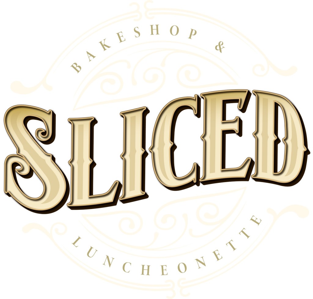 Logo for 'Sliced' Bakeshop & Luncheonette featuring stylized text in cream and gold colors.